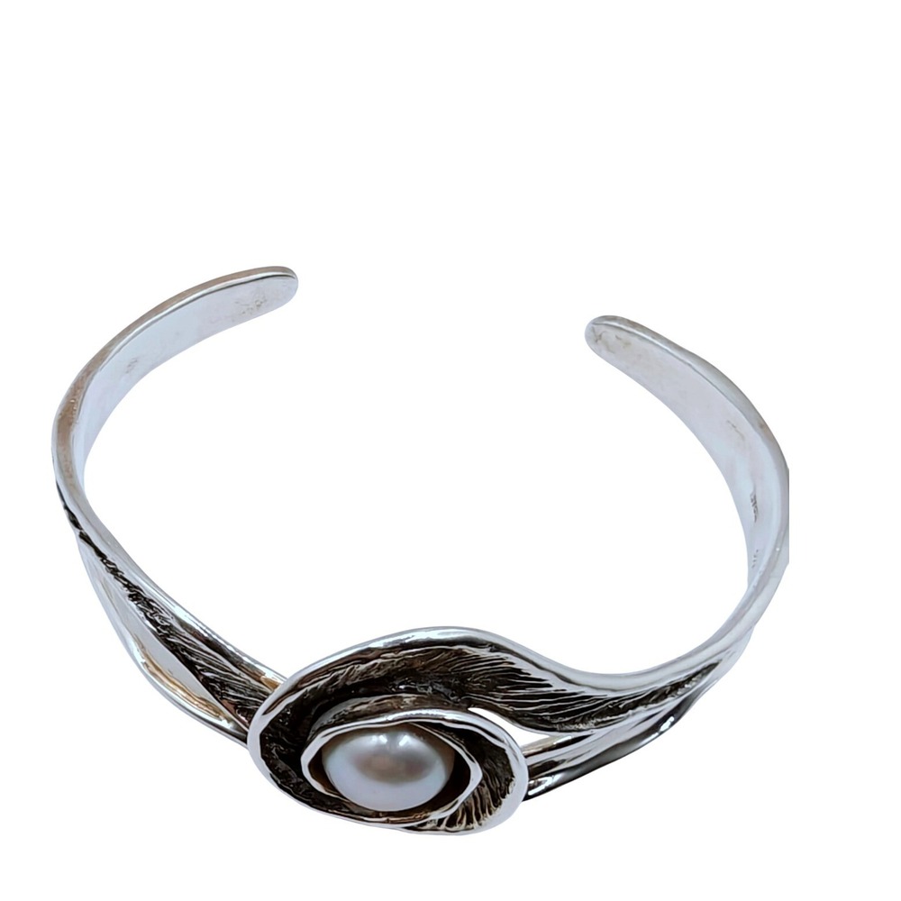 HG Israel 925 Sterling Silver Grey Pearl Swirl Textured Cuff Bracelet. - Picture 5 of 9
